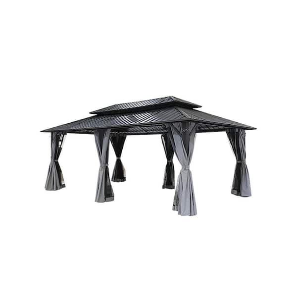 12 ft. x 20 ft. Hardtop Gazebo with Aluminum Frame, Double Roof Top with Gray Curtain and Netting