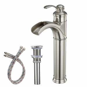Single Handle Single Hole Waterfall Bathroom Vessel Sink Faucet with Pop-Up Drain Assembly Kit in Brushed Nickel