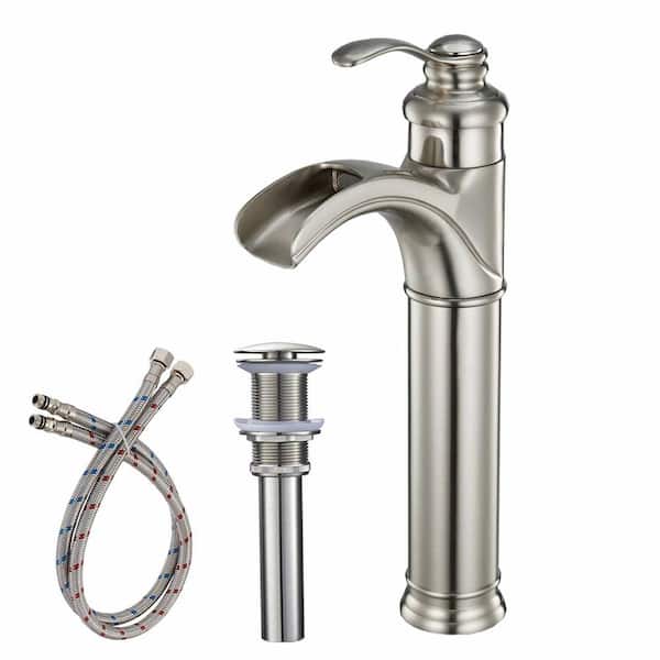 FLG Single Handle Single Hole Waterfall Bathroom Vessel Sink Faucet with Pop-Up Drain Assembly Kit in Brushed Nickel