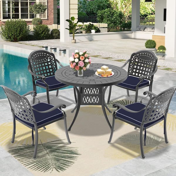 Willit Isabella Black 5-Piece Cast Aluminum Outdoor Dining Set with 39.37 in. Round Table and Blue Cushions