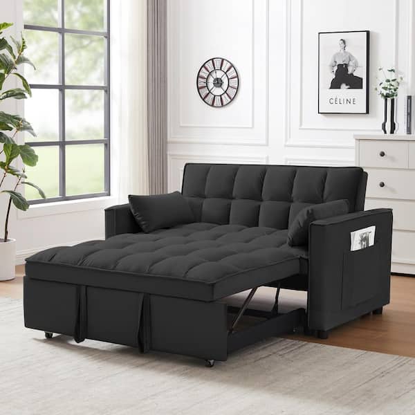 55.11 in. Black Modern Velvet 3 in 1 Convertible Loveseat Futon Sleeper Sofa Bed w/Pullout Bed, Toss Pillows