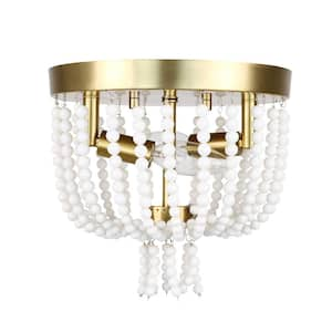 9 in. 2-Light Brass Vintage Flush Mount with Beaded Shade and No Bulbs Included