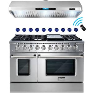 48 in. 900 CFM Ducted Under Cabinet Range Hood & 48 in. 6.7 cu. ft. Double Oven Gas Range & 2 Sets of Knobs