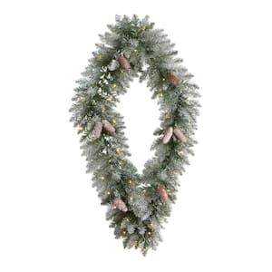 36 in. Prelit LED Geometric Diamond Frosted Artificial Christmas Wreath with Pinecones and 50 Warm White LED Lights
