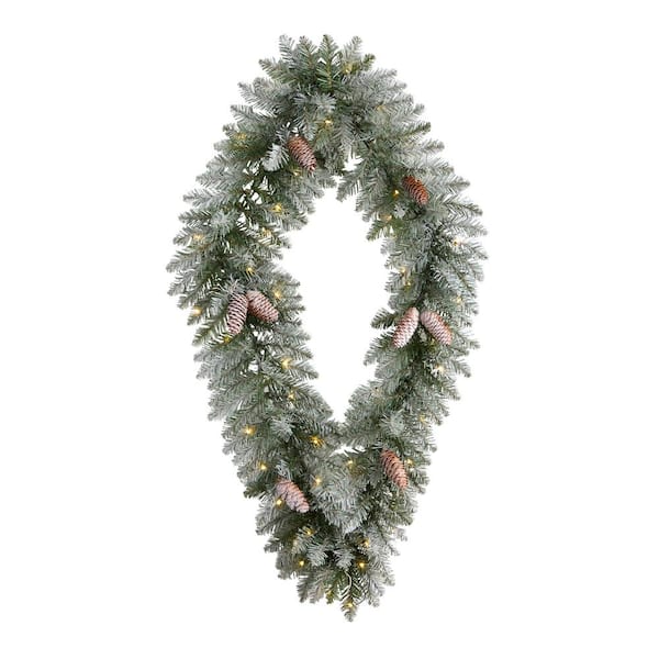 Nearly Natural 36 in. Prelit LED Geometric Diamond Frosted Artificial Christmas Wreath with Pinecones and 50 Warm White LED Lights
