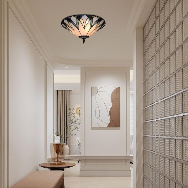 OUKANING 18 3-Light Retro Elegant Stained Glass Flush Mount