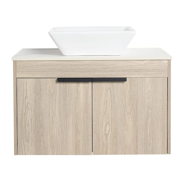 JimsMaison 30 in. W x 19 in. D x 24 in. H Wall-Mounted Bath Vanity in White Oak with White Engineered Stone Composite Top and Sink