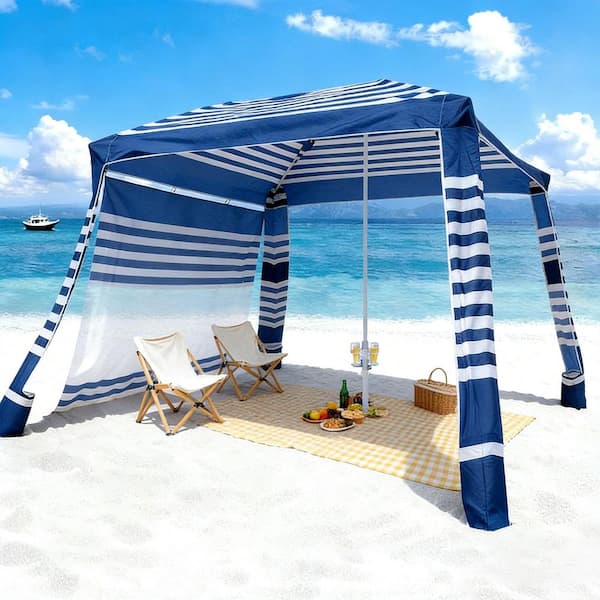 Beach Cabana, Navy Stripes, 8 x 8 ft. with Side Wall, UPF 50+ Protection, Portable Cabana with Sand Pockets, 2025 update