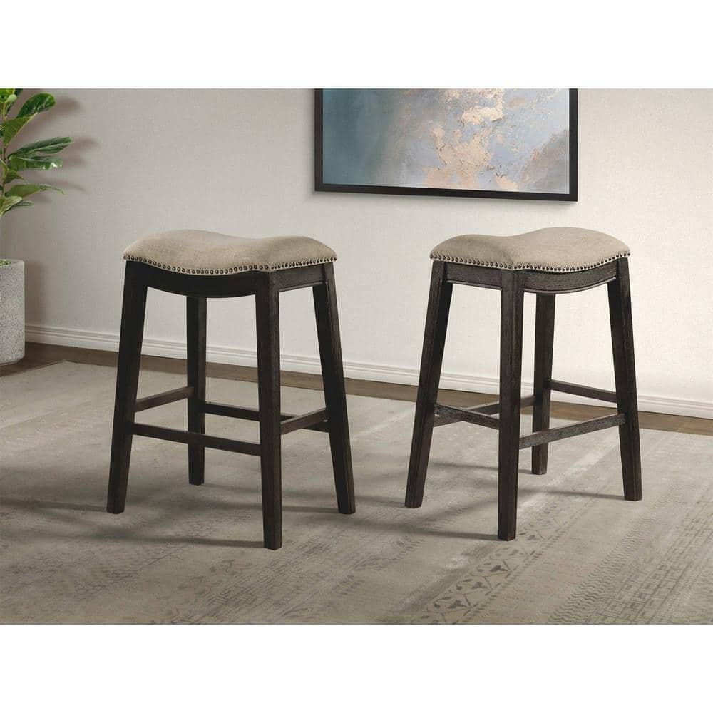 Rooney 30" Espresso Wood and Beige Linen Backless Bar Stool