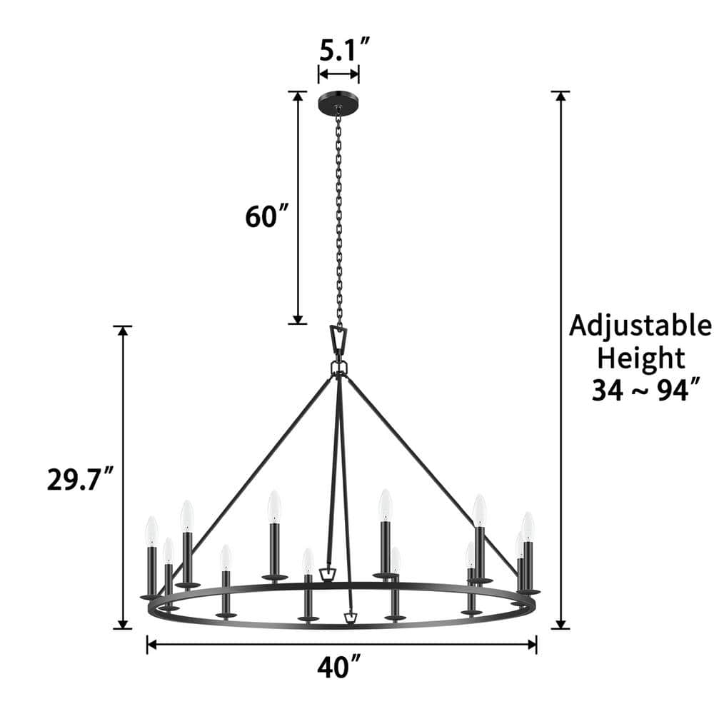 Black 12-Light Industrial Wagon Wheel Chandelier