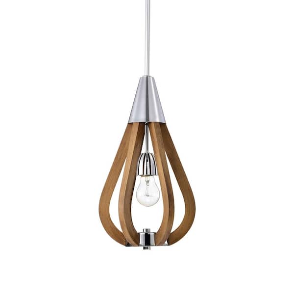Warehouse of Tiffany Vissente 8 in. 1-Light Indoor Chrome and Faux Wood Grain Lantern Pendant Ceiling Light