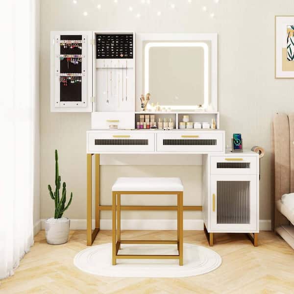 2-Piece White Modern Makeup Vanity Set with Mirror and Lights 3 Lighting Modes and Adjustable Brightness