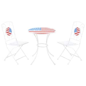 3-Piece Folding Patio Bistro Set with USA Flag Mosaic Table, Chairs, Metal Frame for Balcony, Backyard, Poolside, Porch