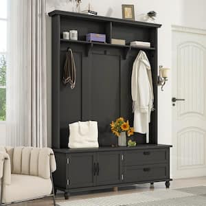 Black Modern Style 59 in. W Hall Tree with Storage Cabinet and 2 Large Drawers, and 5 Coat Hooks