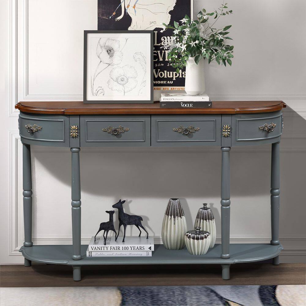 Ernestine 52 in. Antique Grey and Brown Half-Moon Wood Console Table with Shelf and 2 Drawers