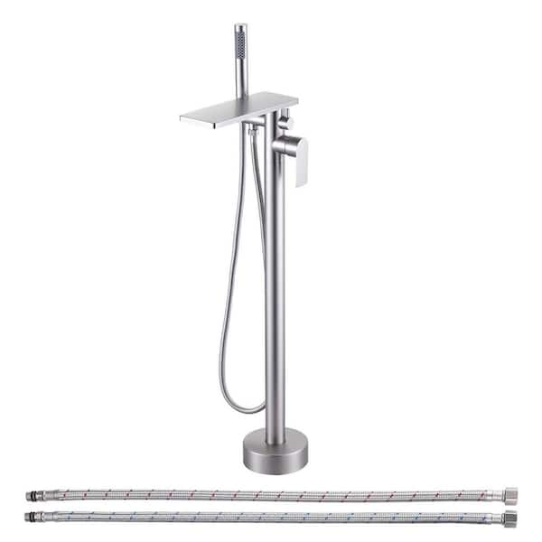 Single Handle Floor Mount Brass Waterfall Claw Foot Tub Faucet Free Standing Bathtub Filler with Hand Shower in Nickel