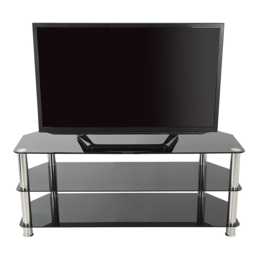 Black Stainless Steel and Glass Corner TV Stand with Cabinet