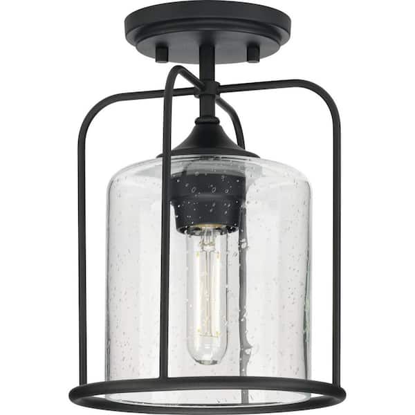 Progress Lighting Watch Hill 1-Light Textured Black Clear Seeded Glass Farmhouse Semi-Flush Light