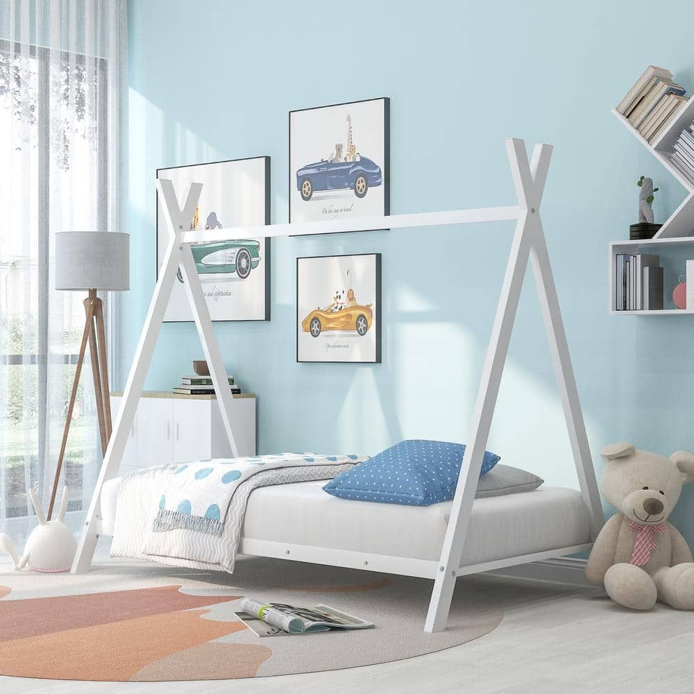 GODEER White Twin Size House Bed Tent Bed Frame Metal Floor Play House ...