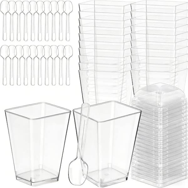 5 oz. Clear Plastic Dessert Bowls with Lids and Spoons for Party Fruit, Pudding, Trifle and Ice Cream Tasting (50-Pack)