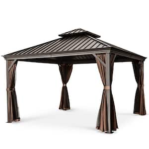 12 ft. x 12 ft. Double Roof Hardtop Aluminum Patio Gazebo with Netting and Brown Curtains