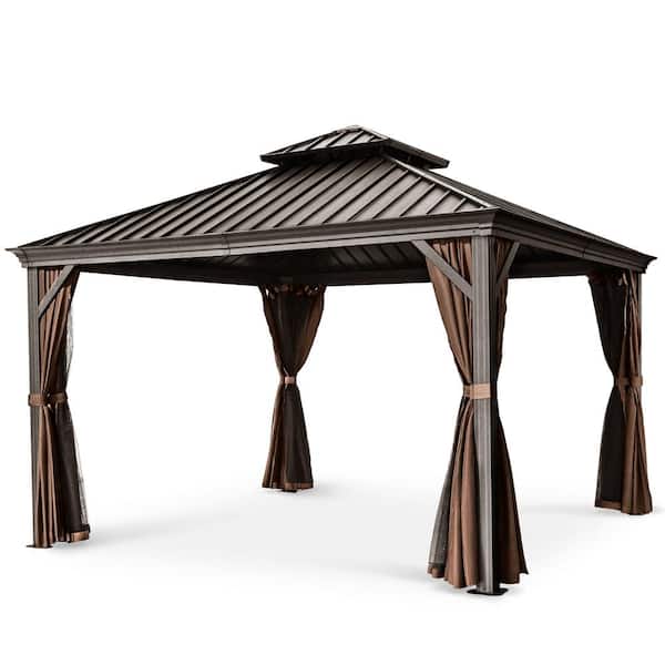 EGEIROSLIFE 12 ft. x 12 ft. Double Roof Hardtop Aluminum Patio Gazebo with Netting and Brown Curtains