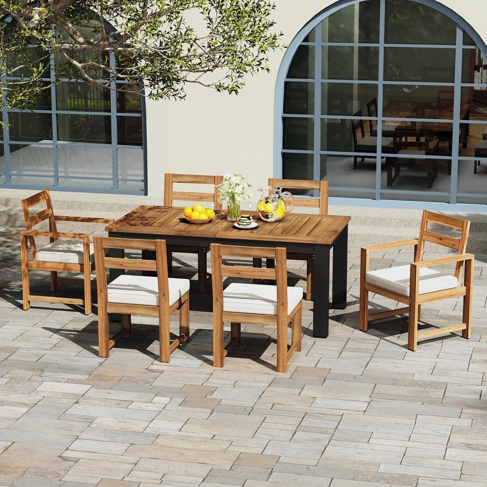 Light Teak 7-Piece Acacia Wood Outdoor Dining Set with Beige Cushions, 2 Armchairs, 4 Side Chairs