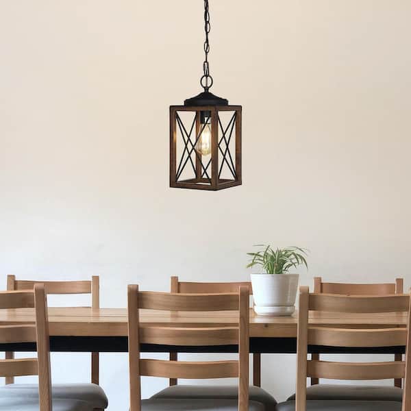 60-Watt 1-Light Adjustable Pipes Pendant Light with Bronze Wooden Grain Shade, No Bulbs Included