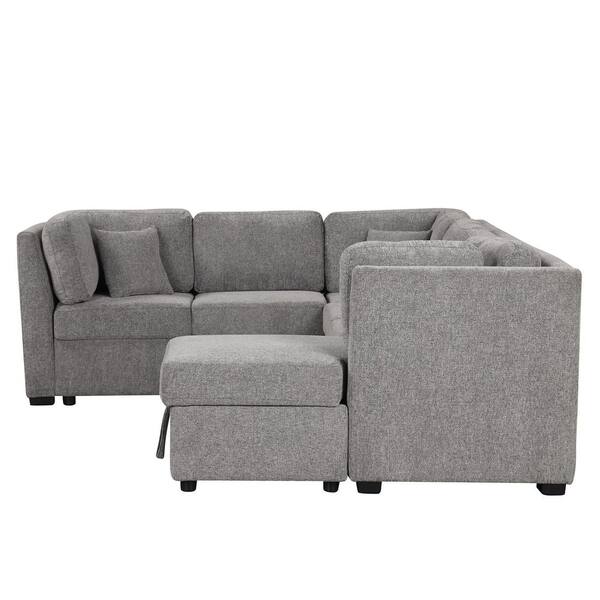 Horizon 108.6 in. Chenille Sectional Sofa in Light Grey with Pull-out Sofa Bed, Storage Chaise, USB Ports, Power Sockets