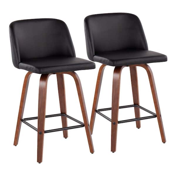 Lumisource Toriano 35 in. Black Faux Leather and Walnut Wood-Counter Height Bar Stool with Square Black Footrest (Set of 2)