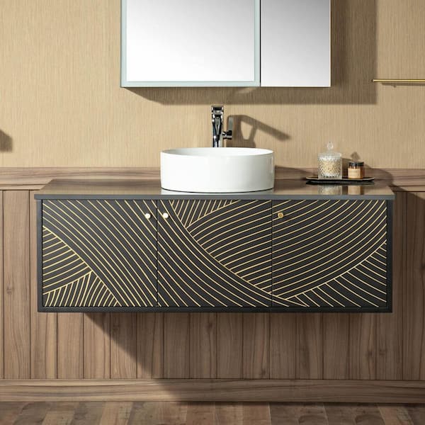 48 in. W x 22 in. D Single Ceramic Vessel Sink Floating Bath Vanity in Black with Black Sintered Stone Vanity Top