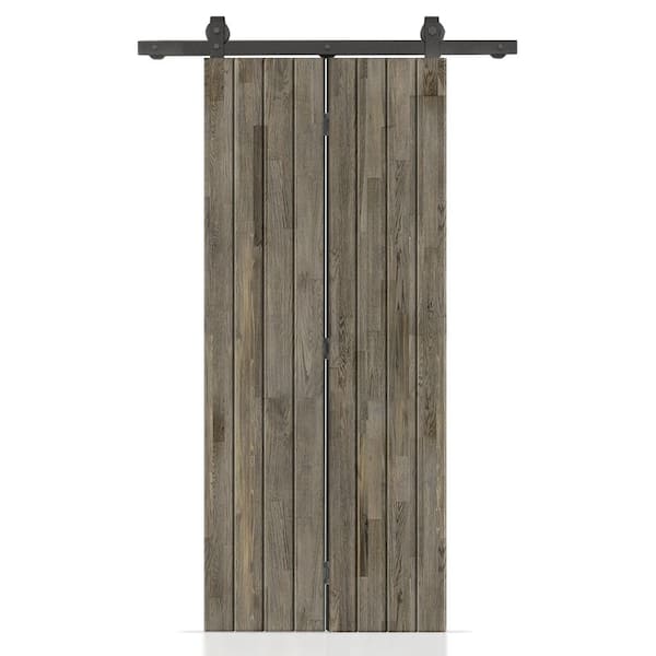 CALHOME 32 in. x 80 in. Hollow Core Weather Gray Stained Wood Pine Bi-Fold Door with Sliding Hardware Kit