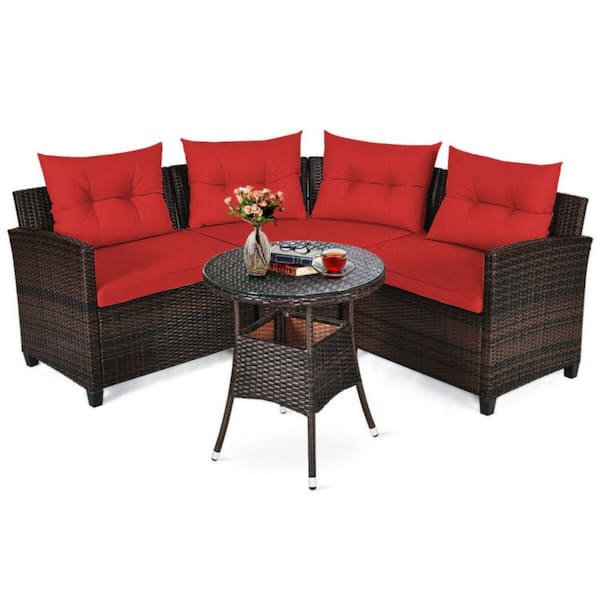 4-Piece Outdoor Wicker Rattan Furniture Set with Cushion in Red