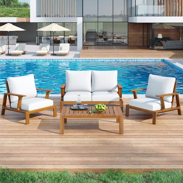 SCOTT LIVING Sydni 4-Piece Outdoor Acacia Wood Patio Conversation Set with White Water-Resistant Cushions, Coffee Table, Teak Finish