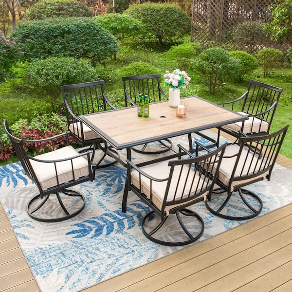 PHI VILLA 7-Piece Metal Patio Outdoor Dining Set with Swivel Stylish Arm Chairs with Beige Cushion
