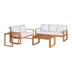 Grafton 4-Piece Eucalyptus Wood Outdoor Conversation Set with 2-Seat Bench, 3-Seat Bench, Coffee Table & Cocktail Table
