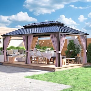 12 ft. x 20 ft. Brown Extra-Large Hardtop Patio Gazebo with Double Roof, with Breathable Netting and Privacy Sidewalls