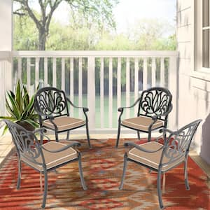 Black Stackable Cast Aluminum Patio Outdoor Dining Chairs with Random Color Seat Cushions (Set of 4)