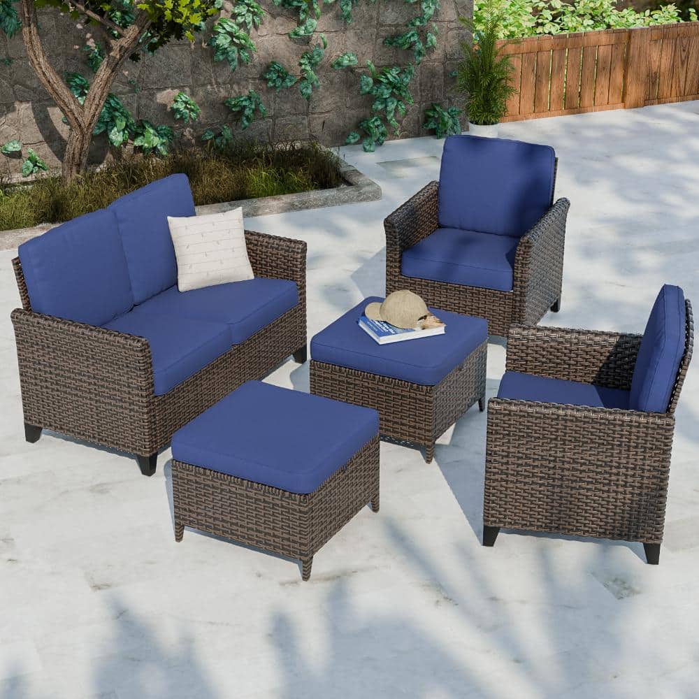 Patio Wicker Conversation Set Furniture Set 5 PCS w/ Ottoman, Armchair & Loveseat All-Weather for Backyard, Blue price history on PriceWatchPro