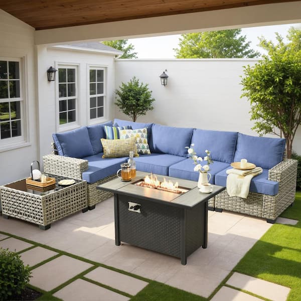 OVIOS Tiberte Gray 7-Piece Wicker Patio Rectangle Fire Pit Conversation Set with Diamond Blue Cushions