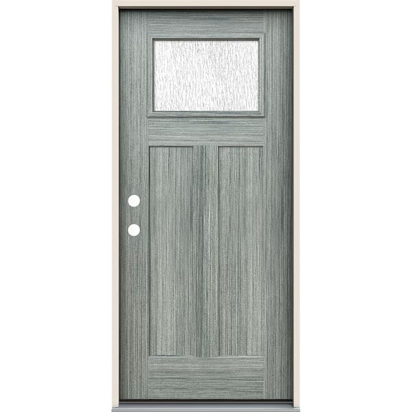 JELD-WEN 36 in. x 80 in. Right-Hand 1/4 Lite Craftsman Rain Glass Stone Fiberglass Prehung Front Door