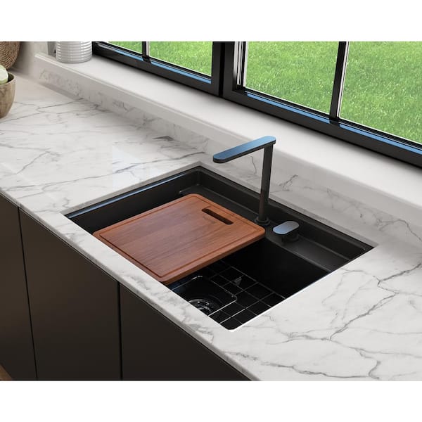 BOCCHI Baveno Uno Matte Black Fireclay 27 in. Single Bowl Undermount/Drop-In 2-hole Kitchen Sink w/Integrated WS and Acc.
