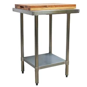 24 in. Silver/Brown Stainless Steel Kitchen Utility Table with 2-Piece Acacia Wood Butcher Cutting Board Set