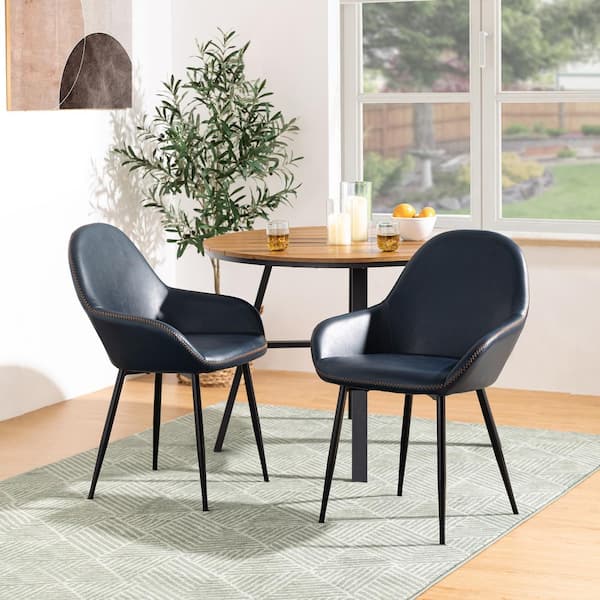 Navy Blue Mid-Century Modern Vintage Leatherette Dining Armchair (Set of 2)