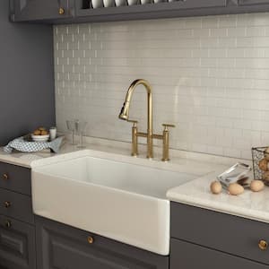Double Handle Bridge Pull-Down Kitchen Faucet with 3-Spray Patterns and 360 Degrees Rotation Spout in Brushed Gold