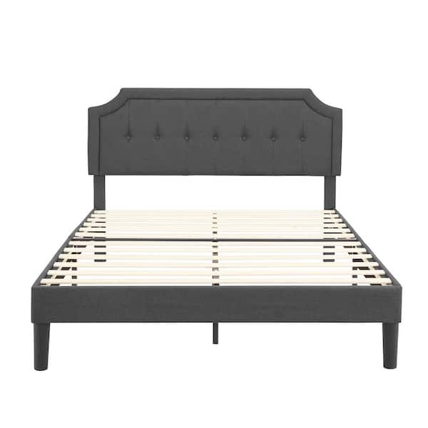 53.93 in. W Gray Full Size Bed Frame with Headboard Upholstered Platform Bed with Sturdy Wood Slat Support