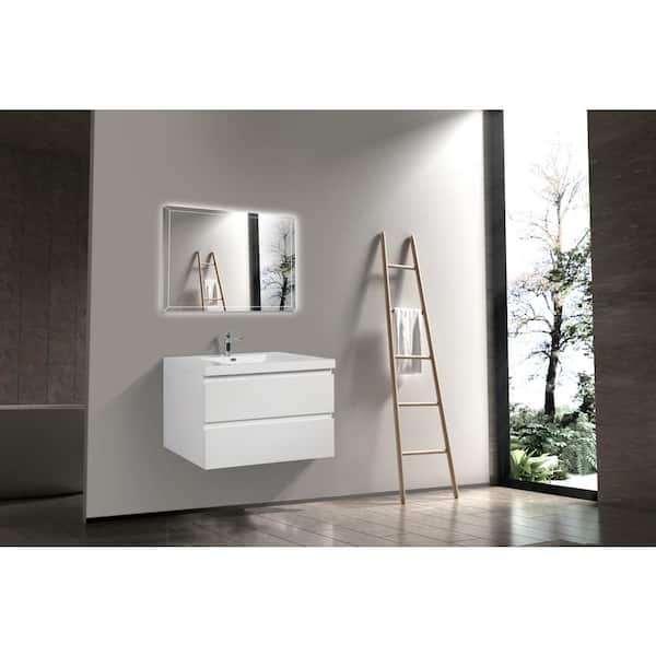 42 in. W Single Sink Wall-Mounted Glossy White Bath Vanity With White Resin Top Unassembled