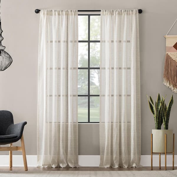 CLEAN WINDOW Aya Textured Slub Stripe Linen Blend 52 in. W x 84 in. L Sheer Rod Pocket Curtain Panel in Linen
