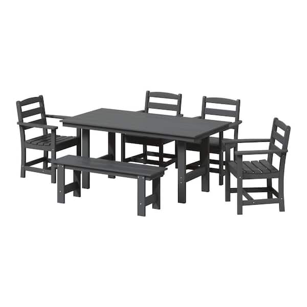 Shoreside 6-Piece All Weather HDPE Plastic Outdoor Patio Dining Set w/ Armchairs and Bench, Gray