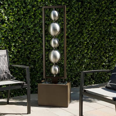 55 in. Tall Outdoor Modern Column Waterfall Fountain with Stainless Steel Orbs, Silver